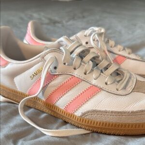 adidas Kids Samba Sneakers White with Pink Stripes and Gum Sole